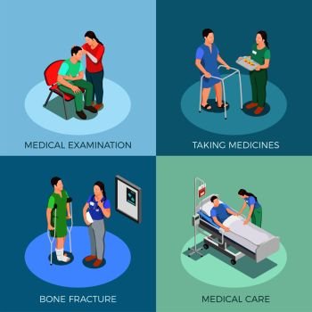 Doctor and patient isometric design concept with examination, taking medicines, bone fracture, medical care isolated vector illustration. Doctor Patient Isometric Design Concept