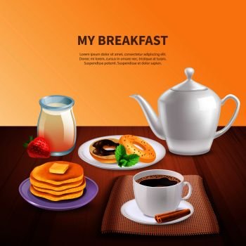 Breakfast realistic background with coffee pot cup of coffee pancakes and doughnuts vector illustration. Breakfast Realistic Background