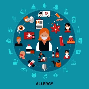 Flat design allergy symptoms and treatment concept on blue background vector illustration. Flat Allergy Concept