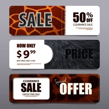 Fur sale advertising horizontal banners with  percentage discount and various elements texture realistic vector illustration.  Fur Texture Realistic Banners