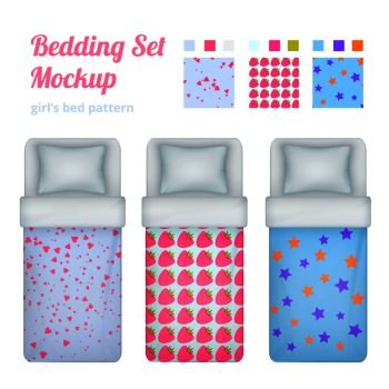 Childish girl bedding set of isolated patterns for sheeting textile and top view of neat beds vector illustration. Girlish Bed Cloths Collection