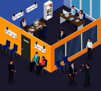 Employment agency office specialists assisting job seekers finding work helping companies hire staff isometric compositions vector illustration . Employment Recruitment Isometric Composition 