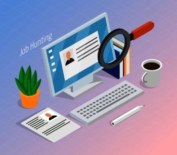 Employment and recruitment resume search for hiring right job candidate isometric composition with magnifying glass vector illustration . Employment Recruitment Isometric Background