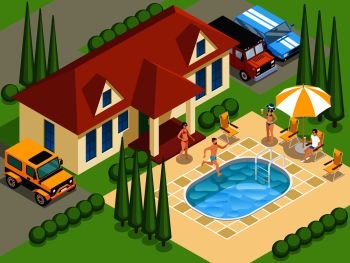 Rich people with friends during leisure on villa with swimming pool and landscape design isometric vector illustration. Rich People Villa Isometric Illustration