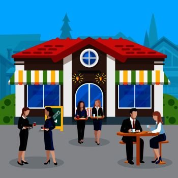 Colored flat business lunch people concept employees of the company at the break communicate and eat outdoor vector illustration. Colored Flat Business Lunch People Concept
