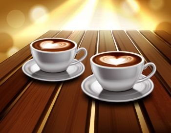 Cups of latte and cappuccino coffee on wooden table realistic vector illustration. Latte And Cappuccino Coffee Illustration