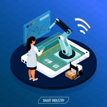Smart industry isometric conceptual composition with human character operating remote automated manipulator set on tablet screen vector illustration. Futuristic Industry Isometric Concept