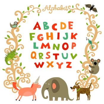 Complete children alphabet preschool abc book page with attractive colorful font and funny animals frame vector illustration . Complete Children Alphabet 
