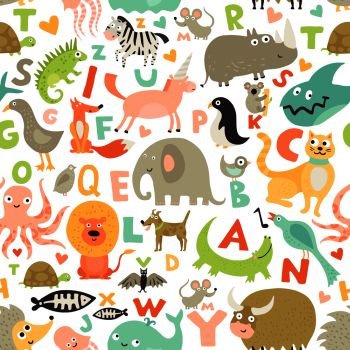 Children first abc seamless pattern with kids favorite funny animals pictures for each alphabet letter vector illustration. Children Alphabet Seamless Pattern 