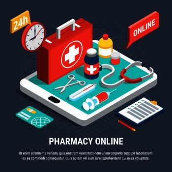 24 hours online pharmacy service isometric concept with first aid kit and other medical equipment 3d vector illustration. Online Pharmacy Concept