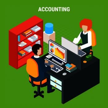 Banking accounting isometric composition on green background with staff at computer work in office vector illustration . Banking Accounting Isometric Composition