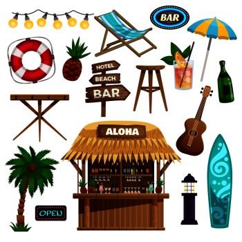 Summer vacation  icons set with bungalow bar tropical fruits and set of accessories for rest on ocean beach vector illustration. Summer Vacation Icons Set