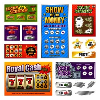 Scratch lottery games realistic cards collection with lucky winning tickets and  looser marks revealed isolated vector illustration . Scratch Lottery Cards Set 