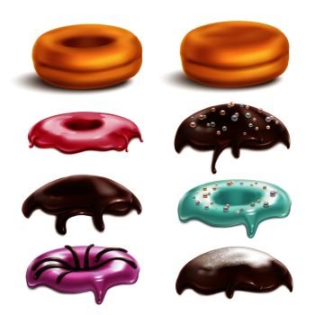 Cookies biscuits cupcakes donuts realistic 3d collection with isolated images of colourful donut toppings on blank background vector illustration. Donut Toppings Realistic Set