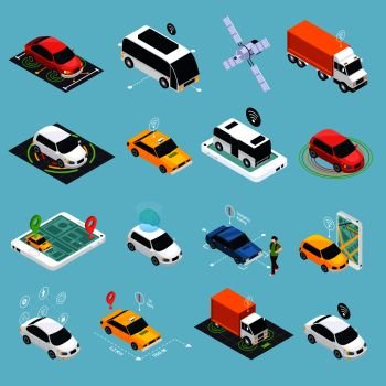 Autonomous vehicle isometric icons set of driverless robotic car bus train truck taxi controlled by satellite navigation vector illustration . Autonomous Vehicle Isometric Icons Set 