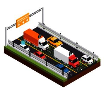 Parking for unmanned transport design concept with place for freight trucks only isometric vector illustration . Parking For Unmanned Transport