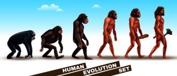Human evolution set of characters from primates to homo sapiens on blue sky background vector illustration  . Human Evolution Characters Set