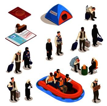 Stateless refugees asylum icons isometric collection with isolated images of documents and human characters of people vector illustration. Refugee Isometric Icons Set