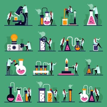 Science lab flat icons, human characters, test tubes and vials with substances, green background, isolated vector illustration. Science Lab Flat Icons