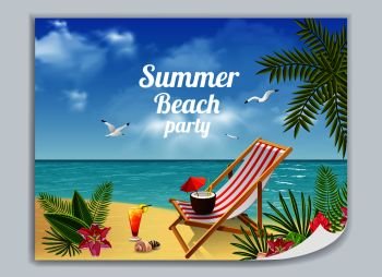 Tropical paradise poster with colourful picture of sandy beach with lounge deck chair cocktails and sea vector illustration. Beach Relaxation Leaflet Poster