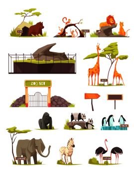 Zoo animals cartoon icons collection with zebra elephant bird ostrich lions giraffe panda penguins isolated vector illustration . Zoo Animals Cartoon Icons Collection 