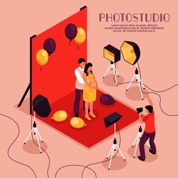 Man and pregnant woman having photo shoot in professional studio 3d isometric vector illustration. Photo Studio Illustration