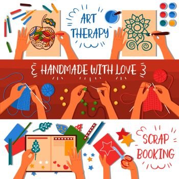 Colorful handmade banners set with creative hobbies for kids flat isolated vector illustration. Handmade Banners Set