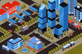Cityscape with public transport cars and tall buildings 3d isometric vector illustration. Transport Isometric Illustration