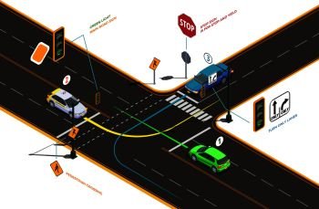 Driving school isometric composition with conceptual pictograms colourful arrows text captions and cars on road intersection vector illustration. Road Intersection Isometric Concept