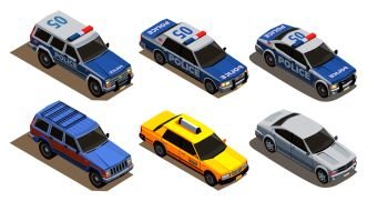 Public city transport isometric composition with set of six cars with three kinds of car bodies vector illustration. Passenger Cars Isometric Collection