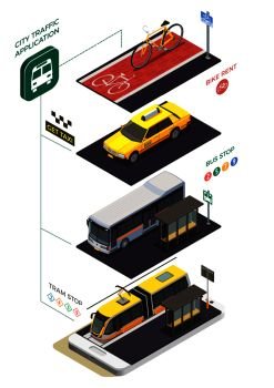 Public city transport isometric composition with infographic pictograms text captions and municipal transport units with stops vector illustration. Public Transportation Isometric Concept