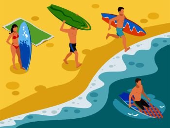 Surfing isometric composition with sandy beach coastal scenery and human characters of surfers with their boards vector illustration. Surf Beach Isometric Composition