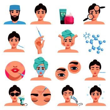 Facial rejuvenation cosmetic treatments icons collection with mask application  botox injections lips filling procedures isolated vector illustration .  Rejuvenation Treatments Set