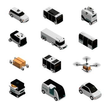Autonomous vehicles isometric icons, driverless bus, taxi and truck, robotic delivery systems, isolated vector illustration. Autonomous Vehicles Isometric Icons