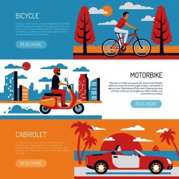 Transportation 3 flat horizontal retro banners website design with people riding bicycle motorbike in cabriolet vector illustration . People Transport Flat Banners 