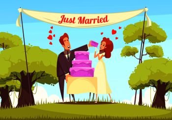 Cheerful just married persons eating bridal cake at outdoor cartoon vector illustration. Just Married Cartoon Illustration
