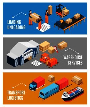 Logistics banners set with warehouse building and freight transport 3d isometric isolated vector illustration. Logistics Isometric Banners Set