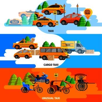 Taxi service horizontal banners with vehicles of land transport in flat style vector illustration. Taxi Service Horizontal Banners