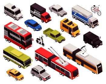 Public transport including bus, trolley, tram, personal vehicles, taxi, trucks, set of isometric icons isolated vector illustration . Transport Isometric Set