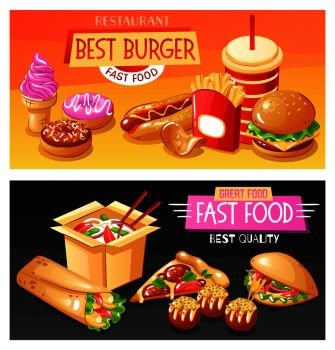 Flat set of horizontal banners with best fast food dishes and drinks on colorful backgrounds isolated vector illustration. Fast Food Banners Set