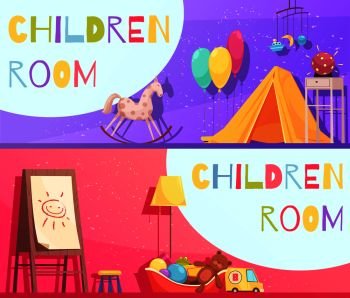 Children room horizontal cartoon banners on pink and violet background with interior elements isolated vector illustration. Children Room Horizontal Cartoon Banners