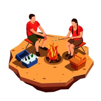 Camping hiking isometric icons composition with view of outdoor picnic date with campfire and a couple vector illustration. Campfire Outing Isometric Composition