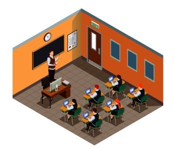High school isometric people composition with images of students and teacher in classroom environment with furniture vector illustration. Class Room Isometric Composition