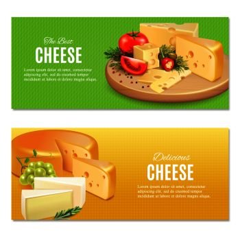 Realistic cheeses with spices and vegetables on green and yellow textured background horizontal banners isolated vector illustration. Realistic Cheeses Horizontal Banners