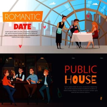 Two horizontal restaurant pub visitors horizontal banner set with romantic date and public house headlines vector illustration. Restaurant Pub Visitors Horizontal Banner Set
