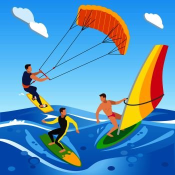 Surfing isometric composition with open sea landscape with images of clouds and different types of sailboard vector illustration. Open Sea Surfing Composition