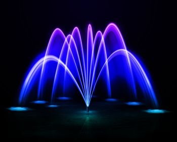 Beautiful colorful dancing outdoor water jet fountain at dark night background design realistic vector illustration . Colorful Fountain Realistic Image 