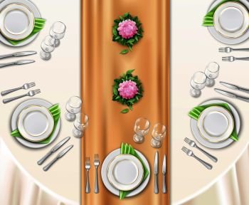 Dinner table set up background with top view of table covered with festive tablecloth and decorated by flowers realistic vector illustration . Dinner Table Set Up