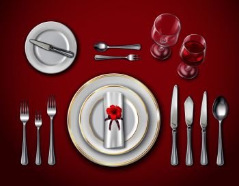 Top view of table place setting for ceremonial dinner on red background with empty plate glasses and cutlery realistic vector illustration . Table Place Setting On Red
