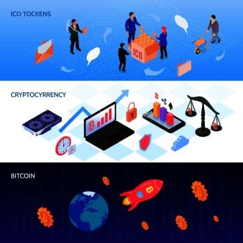 Set of isometric horizontal banners with ico tokens, crypto currency, bit coin start up isolated vector illustration. Crypto Currency Isometric Banners